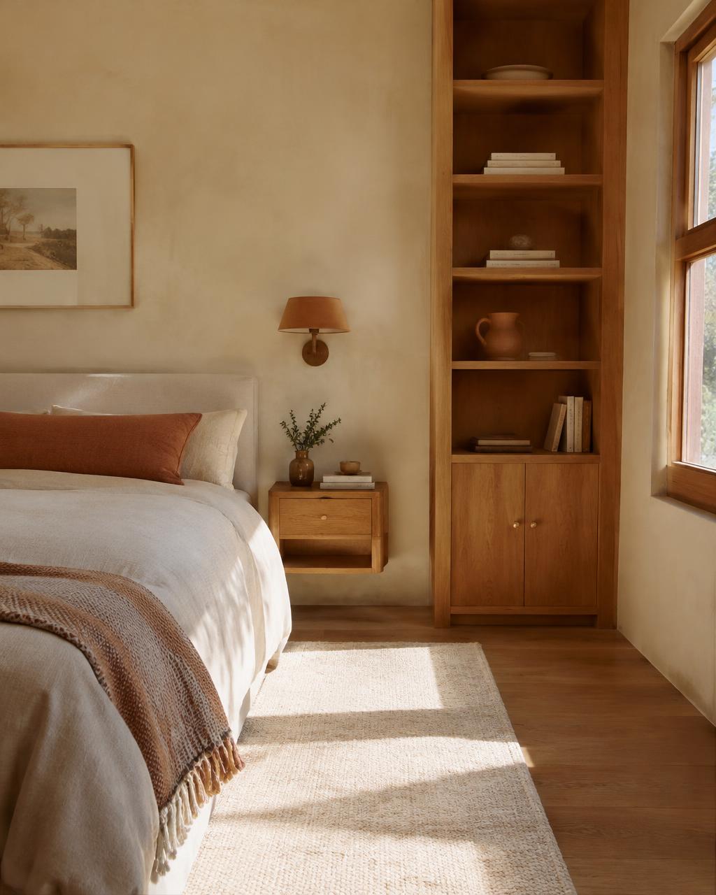 Chambre aux murs chaulés, linge de lit en lin et bibliothèque en chêne sur mesure