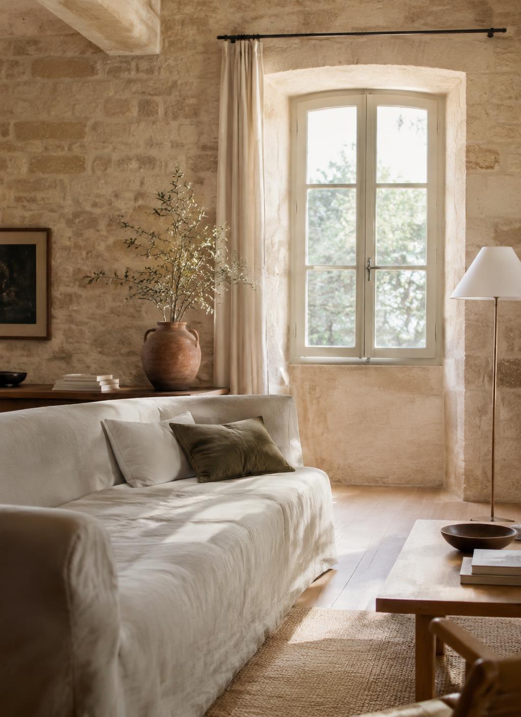 Intérieur aux matières minérales, lin et pierre