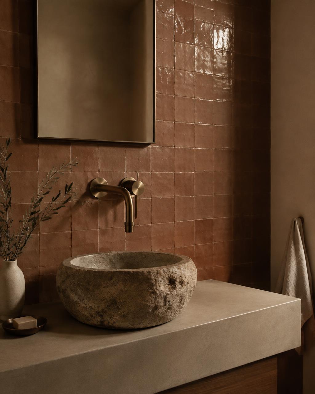 Salle d'eau avec vasque en pierre, zellige terre cuite et robinetterie laiton